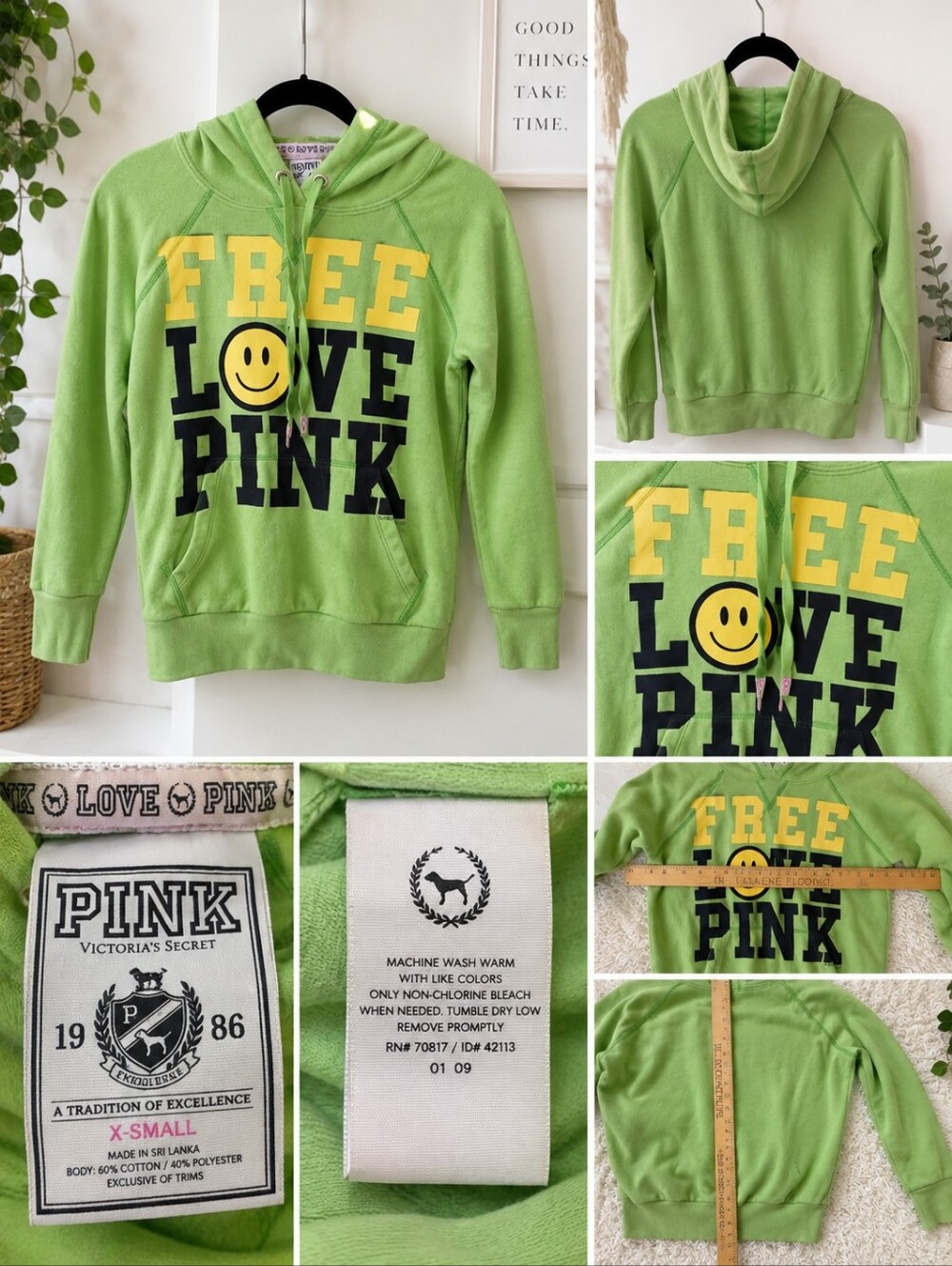 Victoria’s Secret PINK XS Free Love Smiley Hoodie Green Y2K 2009